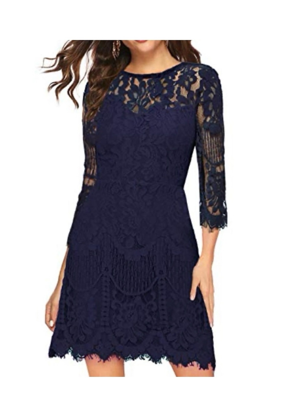 Elegant Navy Lace Fit & Flare Dress - Women's